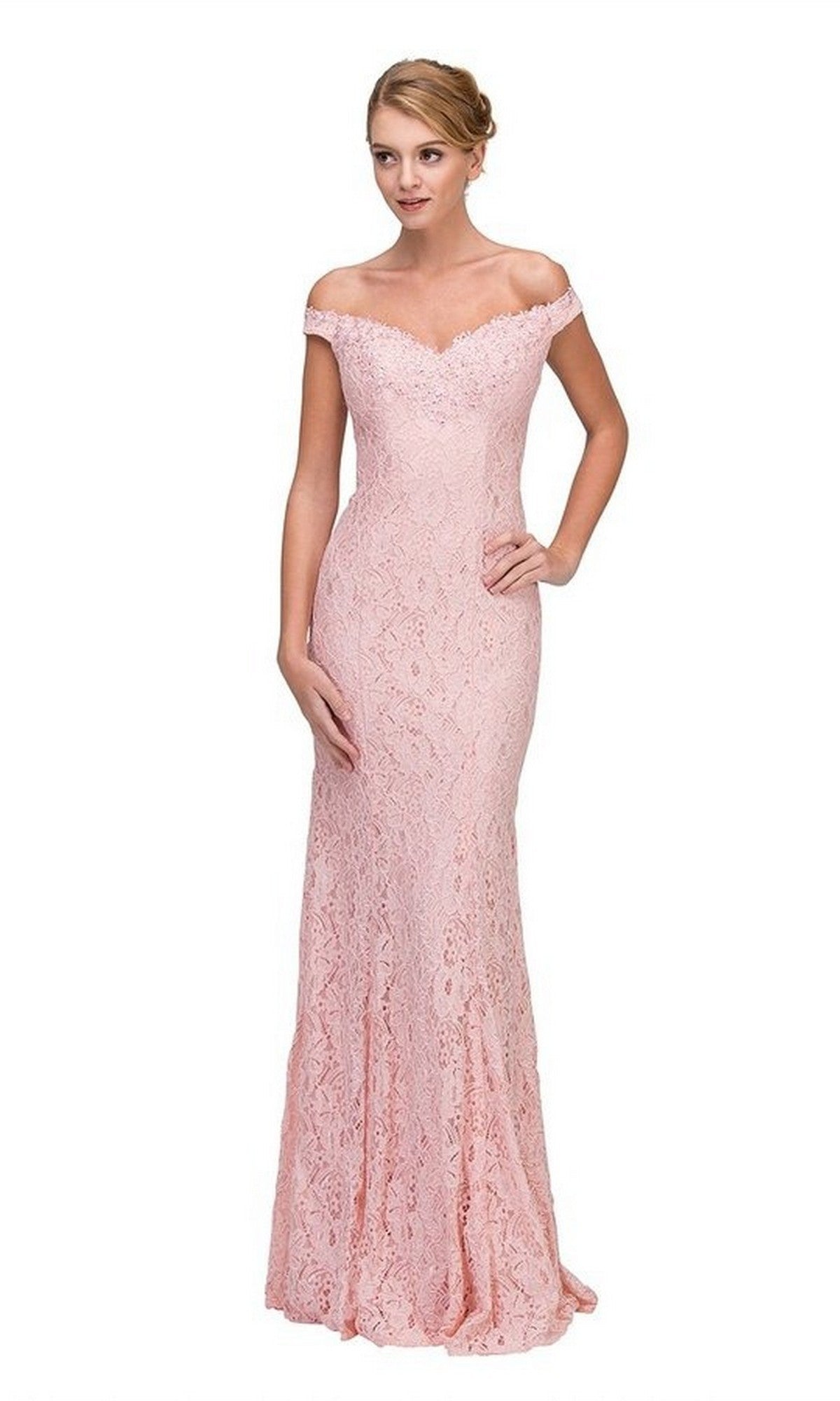 A woman models the Long Prom Dress: Eureka 8030 in dusty pink, featuring an off-the-shoulder, floor-length lace design, against a plain white background.